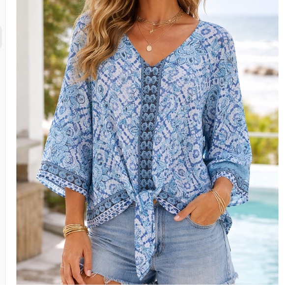 Zac & Rachel Tops - Zac & Rachel Blouse Tie Front Floral Lace Pullover Blue White XL